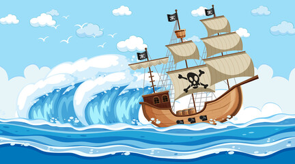Ocean scene at day time with Pirate ship in cartoon style