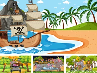 Meubelstickers Set of different scenes with pirate ship at the sea and animals in the zoo © brgfx