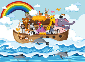 Noah's Ark with animals in the ocean scene