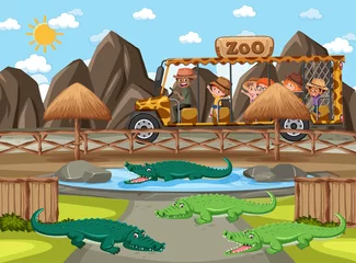 Foto op Canvas Children on tourist car watching alligator group in the zoo scene © brgfx