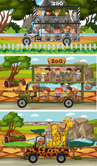 Set of different safari horizontal scenes with animals and kids cartoon character