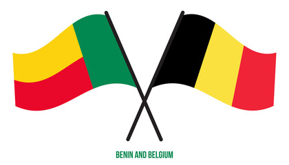 Benin and Belgium Flags Crossed And Waving Flat Style. Official Proportion. Correct Colors.