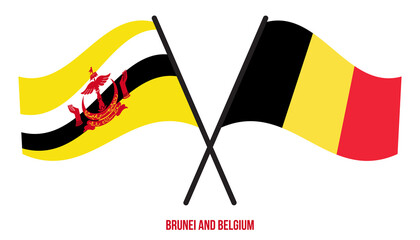 Brunei and Belgium Flags Crossed And Waving Flat Style. Official Proportion. Correct Colors.