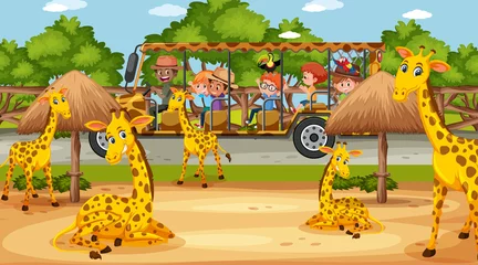 Wandaufkleber Kids tour in Safari scene with many giraffes © brgfx