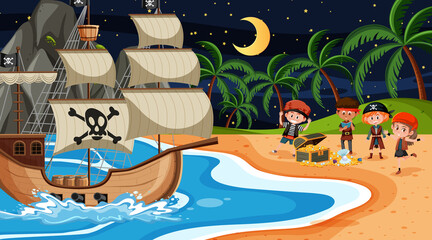 Beach scene at night with Pirate kids on Treasure Island