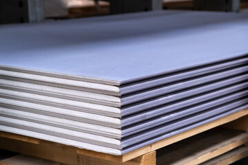 The stack of Special gypsum board with enhanced sound insulation Plasterboard. Panel Type DF for...
