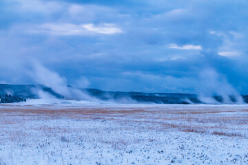dramatic fiery autumn dawn in Yellowstone's Lower Geyser basin.