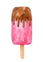 Watercolor strawberry ice cream with chocolate icing on a stick. Hand-drawn illustration isolated on white background. Perfect for cards, menu, prints, decorations.