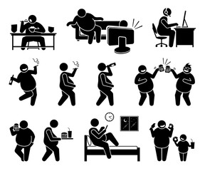 Fat man leading an unhealthy lifestyle. Vector illustrations of obese man overeating, sedentary lifestyle, inactive, drinking alcohol beer, smoking cigarette, eating unhealthy food, and sleeping late.