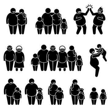 Family of fat obese overweight people standing together stick figure pictogram icons. Vector illustrations depict fat couple, family, parent, friends, brother, sister, children, and grandparent.