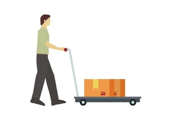 Young man pushing trolley contains boxes