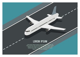 Airplane running on the runway, simple isometric illustration 