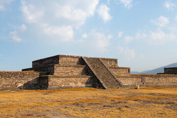 Platform at Temple of Quetzalcoatl at Citadel in Teotihuacan in city of San Juan Teotihuacan, State of Mexico, Mexico. Teotihuacan is a UNESCO World Heritage Site since 1987. 