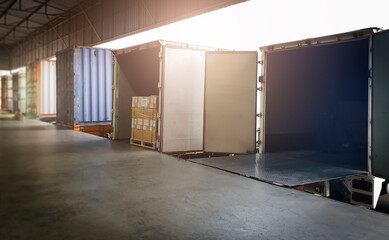 Trailer Trucks Parked Loading at Dock Warehouse. Shipping Warehouse Logistics.Cargo Shipment....