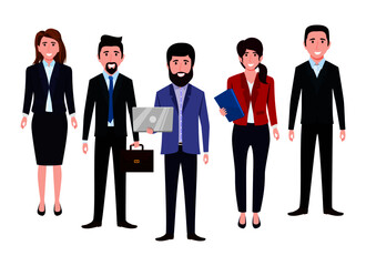 Businessman and businesswoman characters team wearing business outfit standing with laptops bag file with cheerful expression