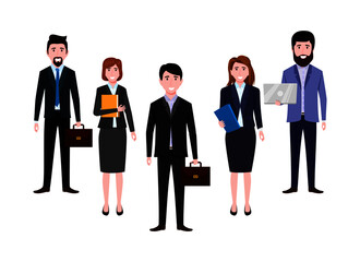 Businessman and businesswoman characters team wearing business outfit standing with laptops bag file posing