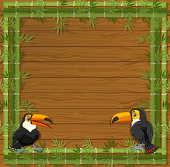 Empty banner with bamboo frame and toucan cartoon character
