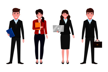 Businessman and businesswoman characters team wearing business outfit standing with laptops bag file