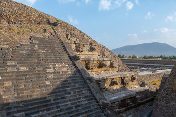 Temple of Quetzalcoatl at Citadel in Teotihuacan in city of San Juan Teotihuacan, State of Mexico, Mexico. Teotihuacan is a UNESCO World Heritage Site since 1987. 