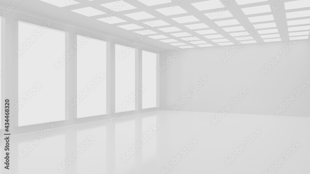 Poster 3d rendering of white empty room with lights from large windows and fluorescent light. large space a