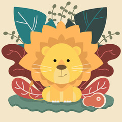 Cute lion poster and merchandising with leaves background