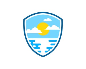 Simple shield with abstract beach wave and sunset