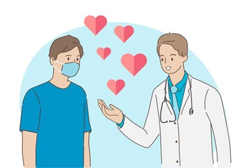Doctor is giving advice to man patients at clinic in healthcare and medical concept. Hand draw style. Vector illustration.
