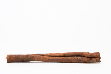 Single cinnamon stick on white background. Front view.