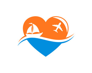 Boat and flight airplane in the love shape logo