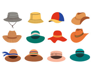 A set of summer women's hats. Summer and spring hats. Vector Flat Illustration
