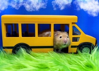 Cute Syrian Hamster Getting Off a Schoolbus