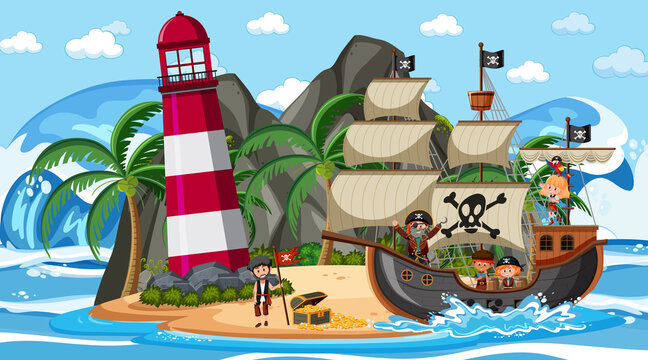 Beach at daytime scene with pirate kids cartoon character on the ship