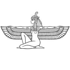 Animation linear portrait: sitting goddess of justice Maat. Profile view. Vector illustration isolated on a white background. Print, poster, t-shirt, tattoo.