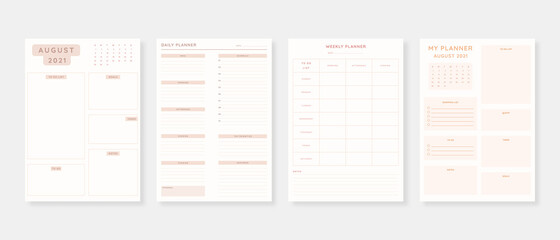 August 2021 - Planner. Modern planner template set. Set of planner and to do list. Monthly, weekly, daily planner template. Vector illustration.