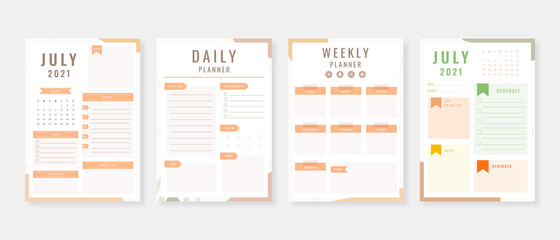 July 2021 - Planner. Modern planner template set. Set of planner and to do list. Monthly, weekly, daily planner template. Vector illustration.