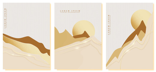 Hand drawn mountain luxury and golden lines sparkle. Set of A4 size background minimal trend modern concept Japanese style. Vector illustration.