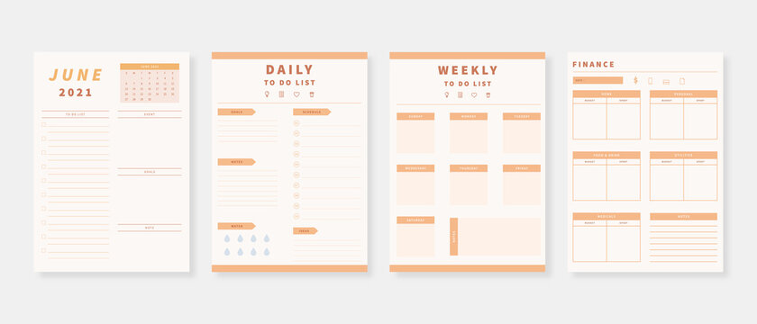 June 2021 - Planner. Modern planner template set. Set of planner and to do list. Monthly, weekly, daily planner template. Vector illustration.
