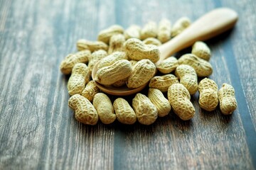 Peanuts on wooden spoon.