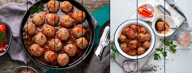 Collage of homemade meatballs with tomato sauce.