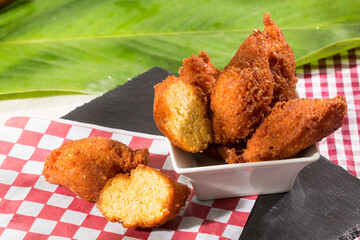 Tasty fried sweet corn croquettes; delicious Colombian food.