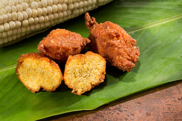 Tasty fried sweet corn croquettes; delicious Colombian food.