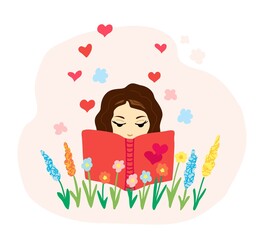 Young woman reads a book, love story, flowers and hearts. Dreams and fantasies. Vector color illustration in flat style. For prints of cards, covers, stickers.
