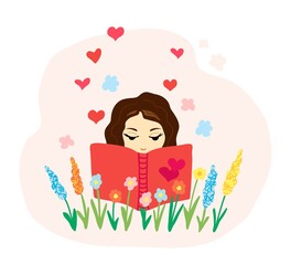 Young woman reads a book, love story, flowers and hearts. Dreams and fantasies. Vector color illustration in flat style. For prints of cards, covers, stickers.
