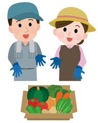 箱詰めした野菜を紹介する野菜農家の夫婦2　イラスト - obrazy, fototapety, plakaty