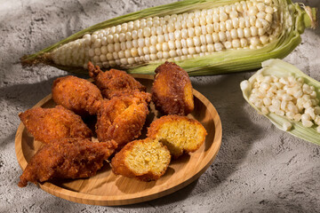 Tasty fried sweet corn croquettes; delicious Colombian food.