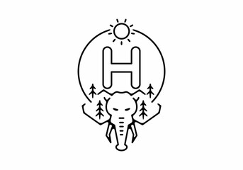 Obraz premium Black line art illustration of elephant head with H initial letter