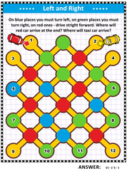 Left and right maze game for kids and adults: On blue places you must turn left, on green places you must turn right, on red ones - drive stright forward. Where will red car arrive at the end? Where w