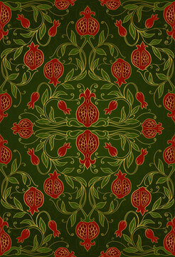 Oriental green pattern with pomegranate.