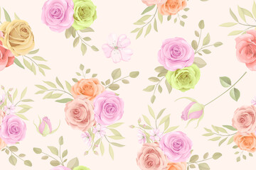 Seamless pattern design with soft colored floral ornaments