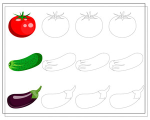 game for kids outline, practice handwriting, vegetables tomato, cucumber, eggplant. vector isolated on a white background